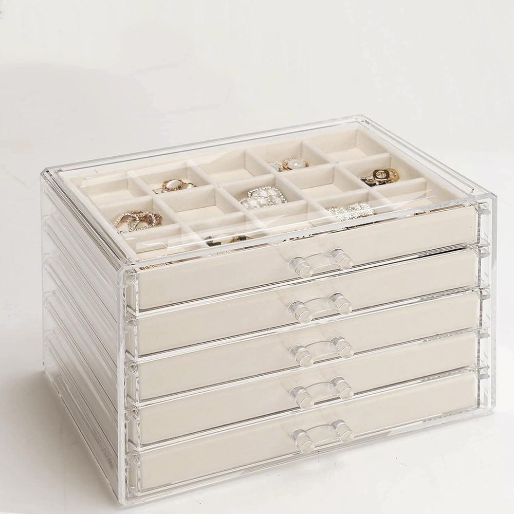 5 Drawers Clear Jewelry Box for Women and Girls, Acrylic Earring Holder Organize