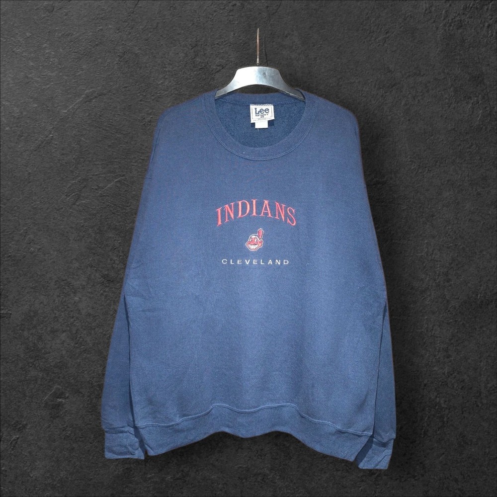 Men's Navy Vintage Lee Cleveland Indians MLB Embroided Sweatshirt, Large