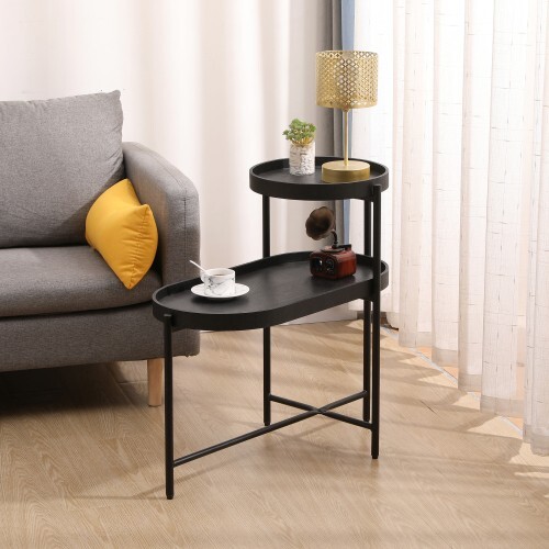 2-Tier Black Metal Side Table with Storage for Living Room Sofa