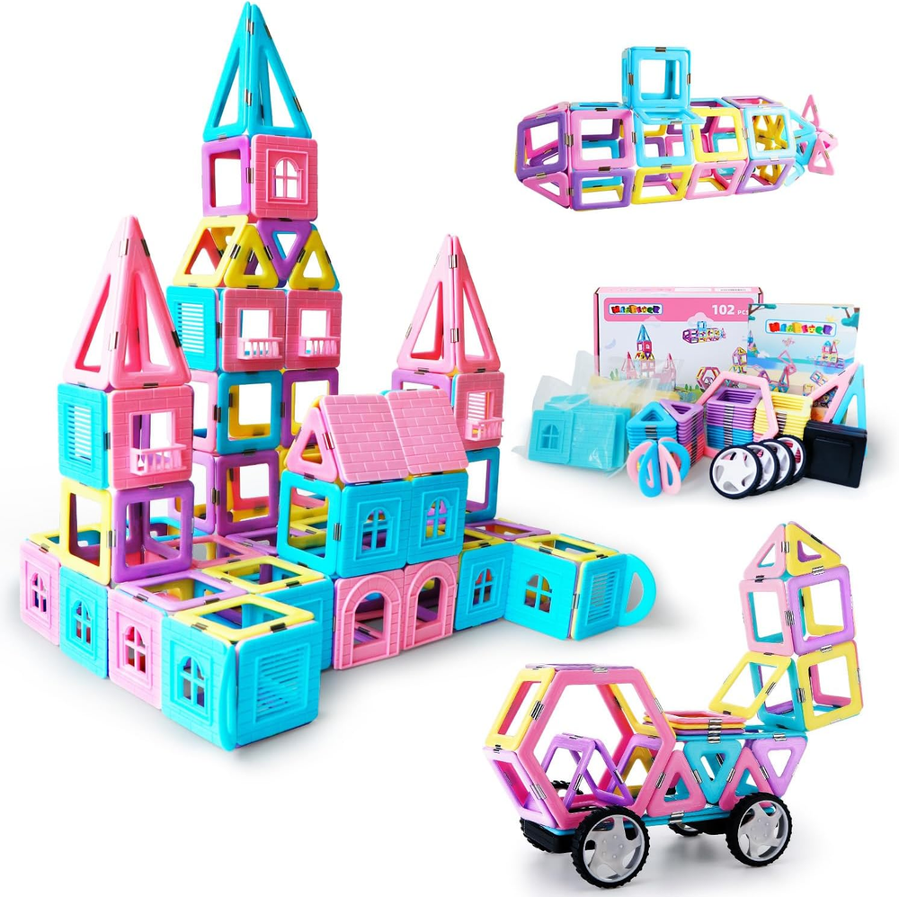 102-Piece Magnetic Building Tiles for Kids Ages 3-5, STEM Castle Construction Toy Set for Boys & Girls