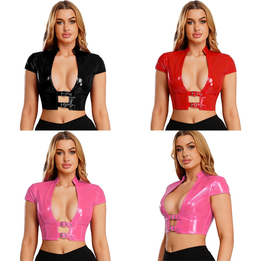 Women Top Wet Look Vest Nightwear Bustier For Glossy Punk Clubwear Corset Crop