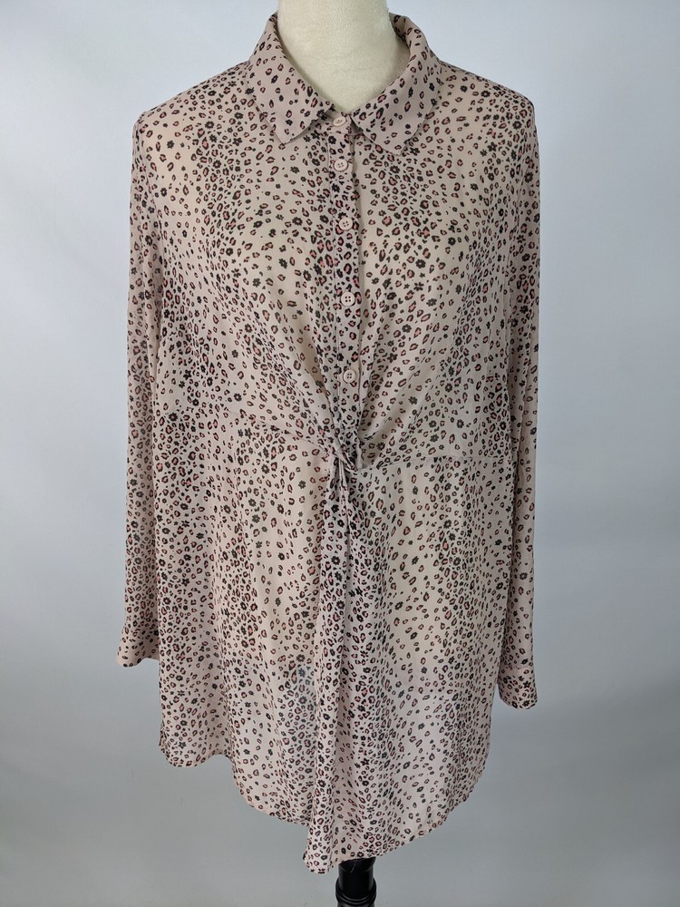 Torrid Tunic Top Blouse Taupe Pink Black Animal Print 2 Twist Front Collared
