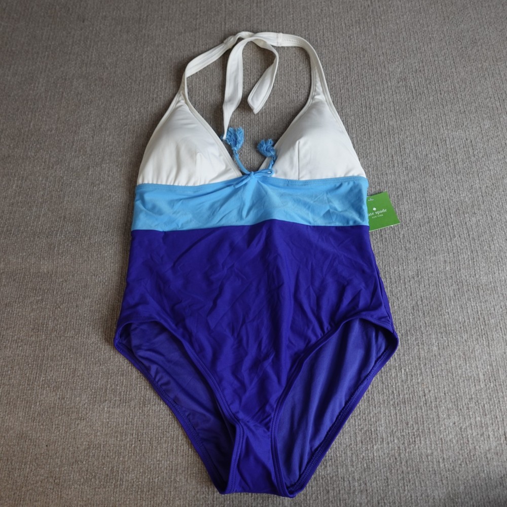 Kate Spade Womens Swimsuit XL Blue Cobalt Colorblock Halter One Piece NEW S60161