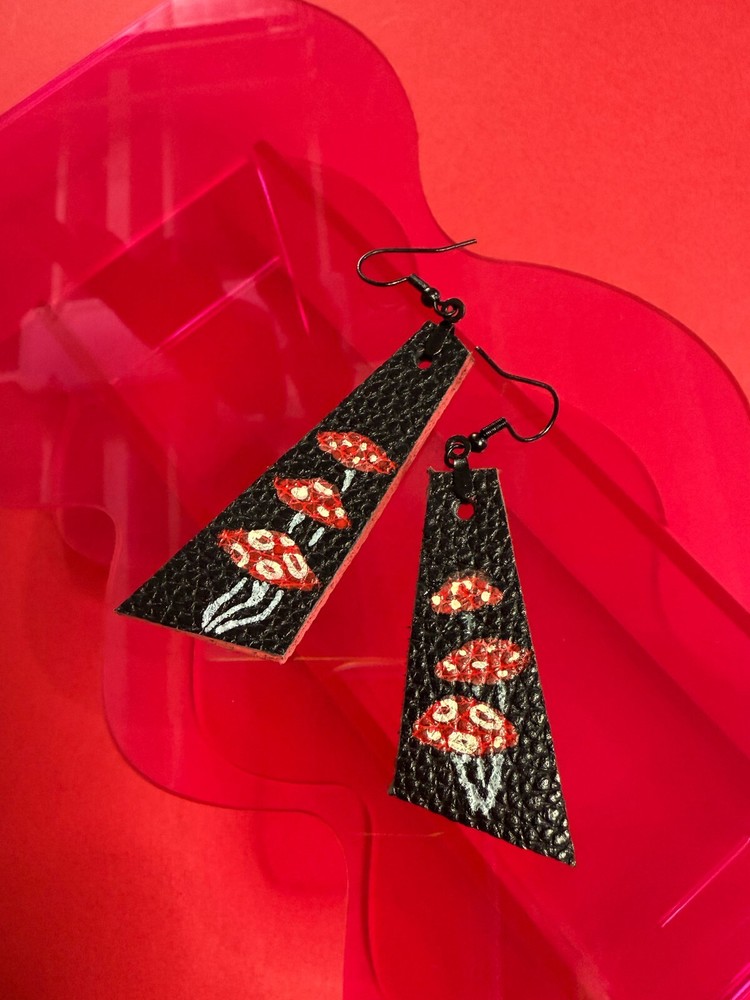 Hand-Painted Upcycled Leather Mushroom Drop Earrings - Unique & Sustainable  