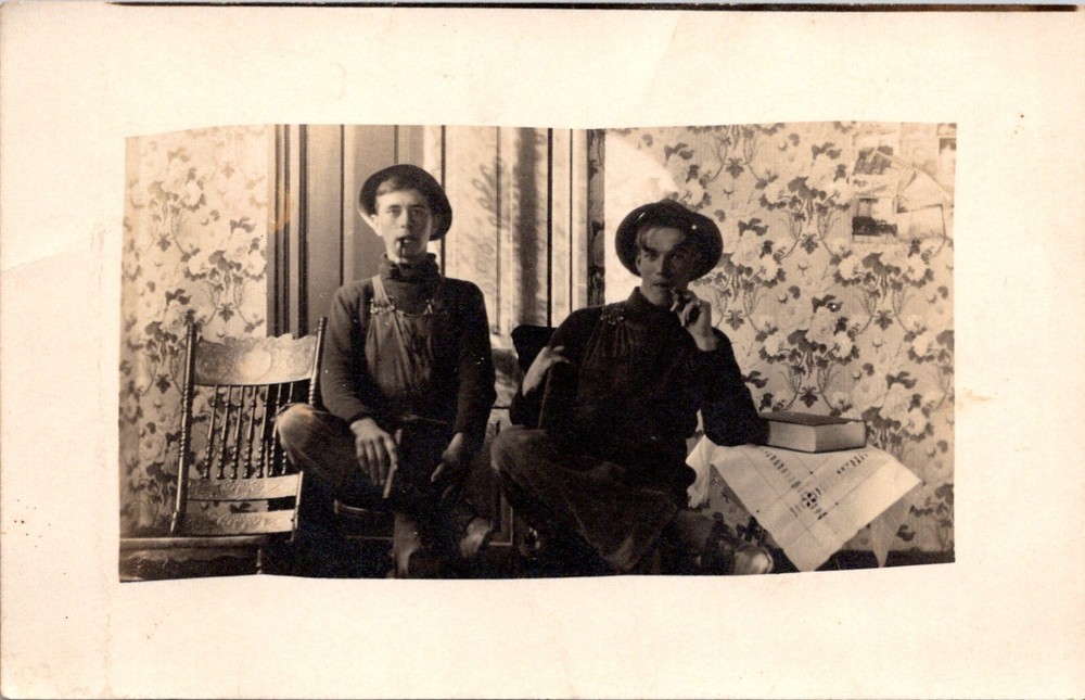 Two Men in Hats Overalls Smoking Pipes Vintage RPPC Postcard 24082