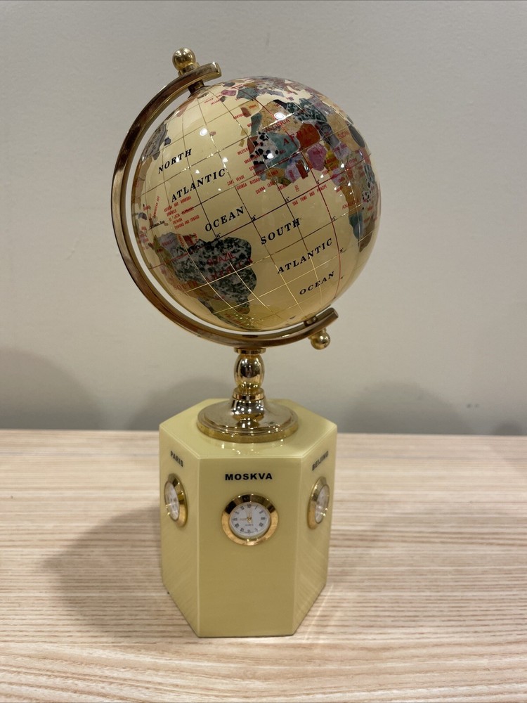 Vintage Gemstone Globe Hexagon Base With 6 Different Time Zone Clocks. 10 Inches