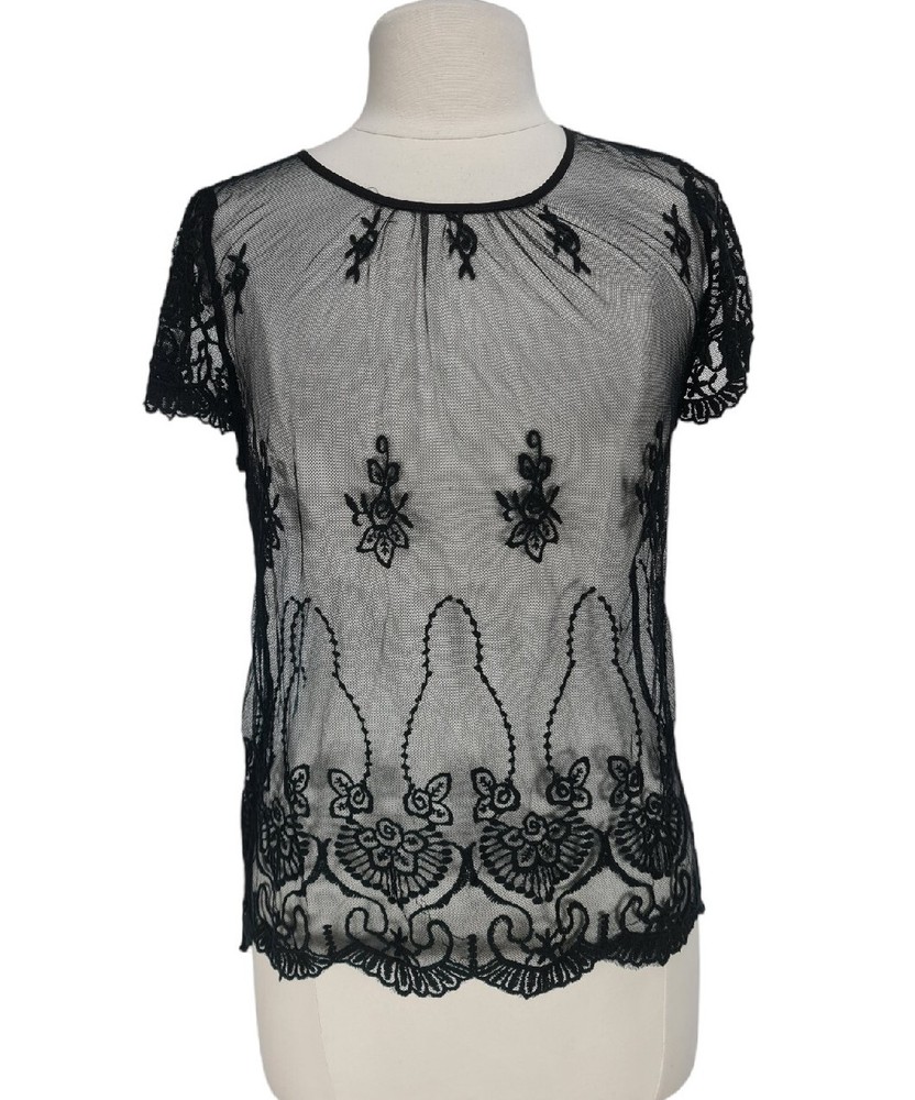 B envied Womens Black Floral Lace Top Size M Crew Neck Short Sleeve No Cami 181P