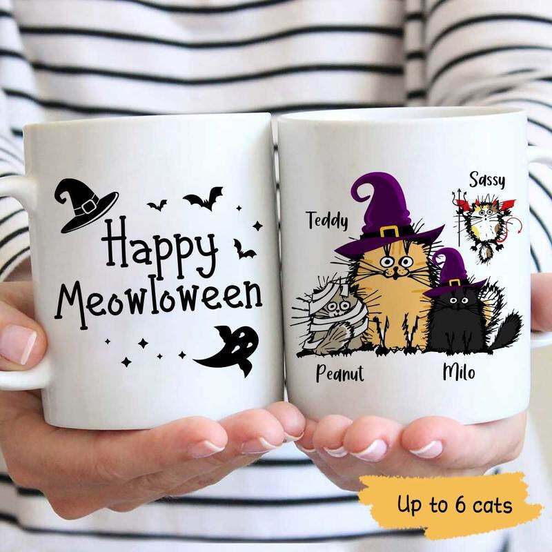 Happy Meow Halloween Fluffy Personalized Coffee Mug Funny Mug Personalized
