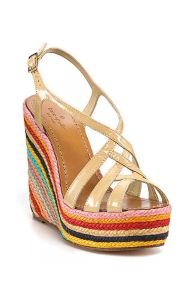 Kate Spade KATE SPADE  Women Beige Patent Leather Lindsay Espadrille Wedge 8.5