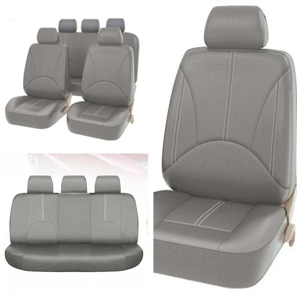 Set Gray Leather Car Seat Cover Front Rear Interior High Quality Breathable 9Pcs