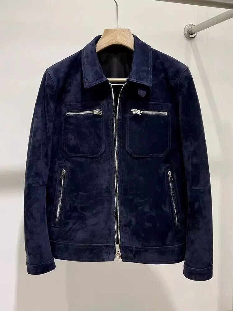Blue Cafe racer Leather Jacket for Men Pure Suede Size XS S M L XXL 3XL 4XL