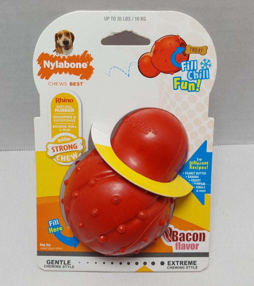 Nylabone Strong Chew Stuffable Cone Bacon Flavor Natural Rubber Up To 35lbs, NEW