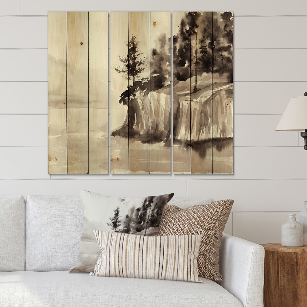 Designart 'Monochrome Cliffs By The Lake' Nautical & Coastal