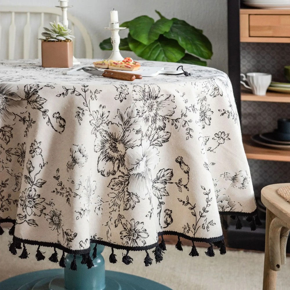 Floral Linen Cotton Tablecloth With Tassel Table Cover Round Dining Table Cloth