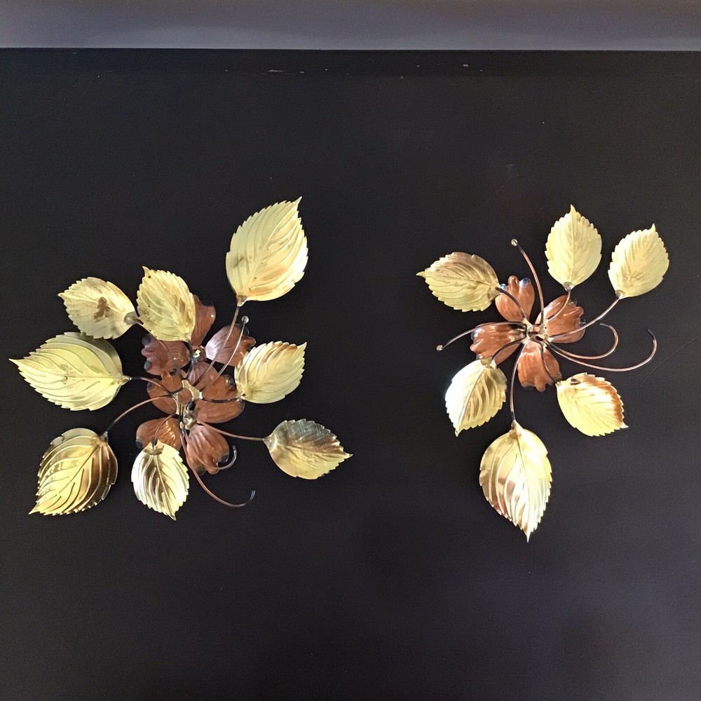 Vtg Floral Brass Copper Wall Decor Metal Art Dogwood Flowers Leaves MCM 2 Pieces