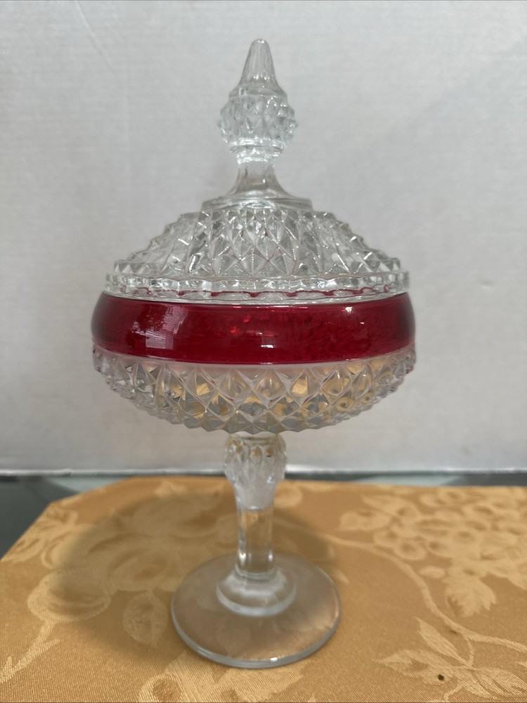 Vintage Ruby Red Indiana Glass Diamond Point Lidded Compote