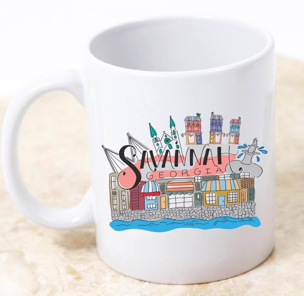 Savannah Georgia River Street Illutrated Ceramic Plastic Travel Mug Cup Drink