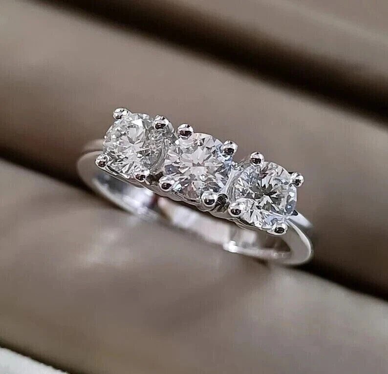 3Ct Round Cut Simulated Diamond Three Stone Wedding Ring 14K White Gold Plated
