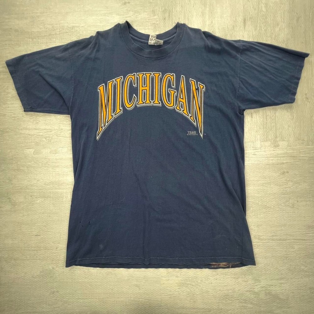 90s Vintage Michigan Wolverines NCAA College Tee Blue Yellow Stained
