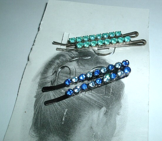 Jeweled Blue Green Rhinestone Bobby Pins 4pc NWT