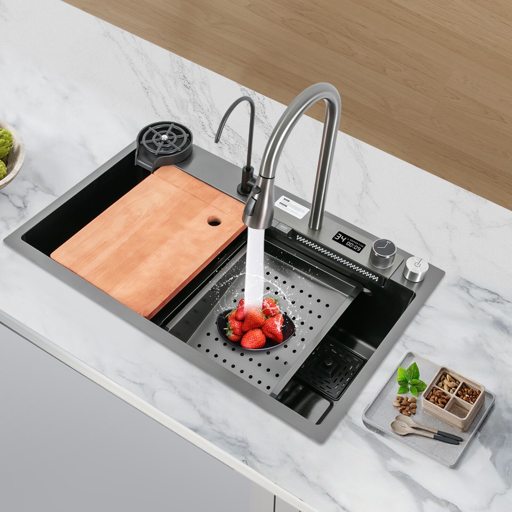 Stainless Steel Double Basin Kitchen Sink with Pull Out Faucet