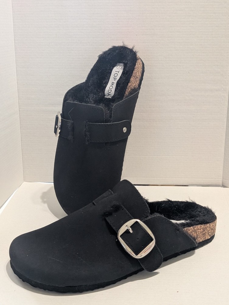 New Womens size 8.5  Black Faux Fur Lined Clogs Mules Slip on Shoes Buckle Flat