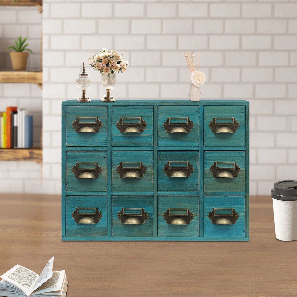 Drawers Storage Cabinet Desktop 12 Drawer Organizer Wooden Medicine Cabinet Blue