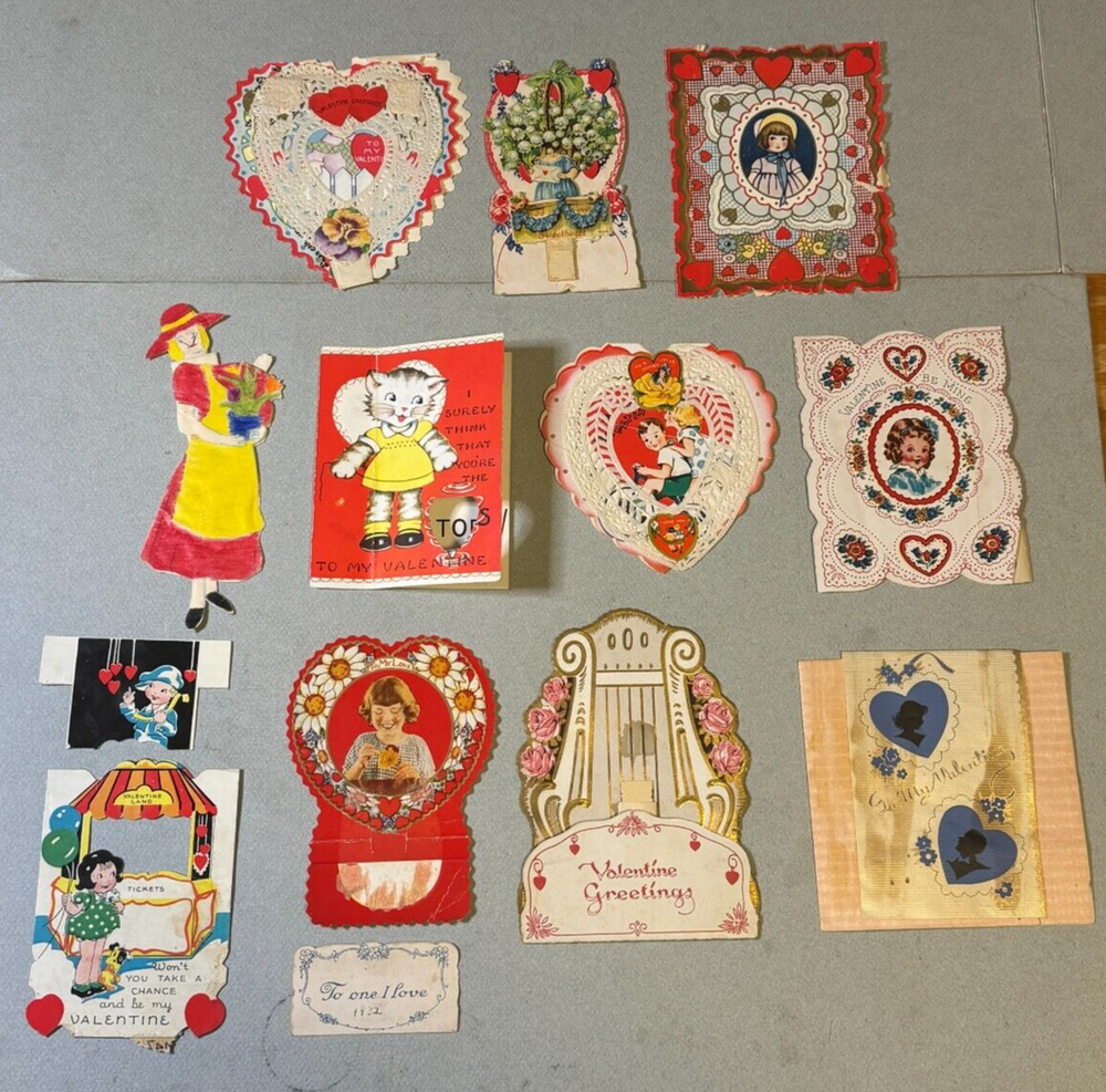 Antique Lot of 11 Die Cut Valentine Cards Vintage late 1930s