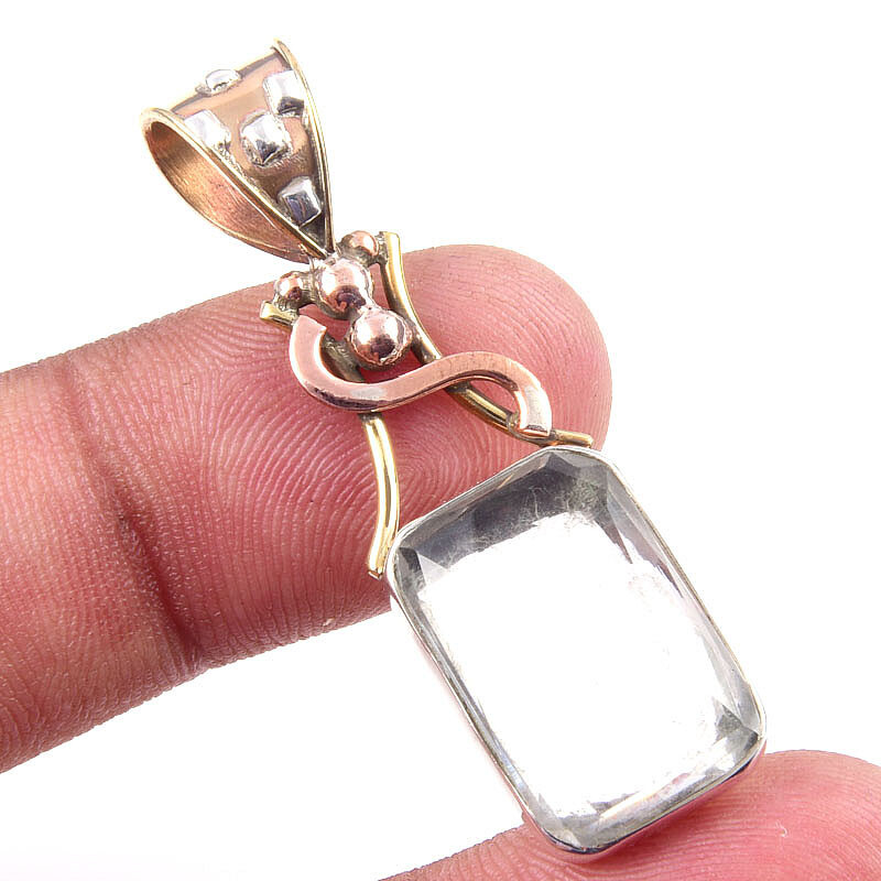 Natural Crystal Quartz 925 Sterling Silver Two-Tone Pendant Necklace 1.75 Inch Gift