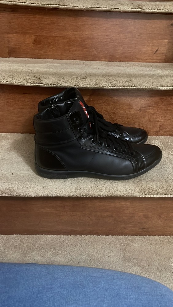 Prada Men Black Leather High-Top Sneakers Size 8 Like New