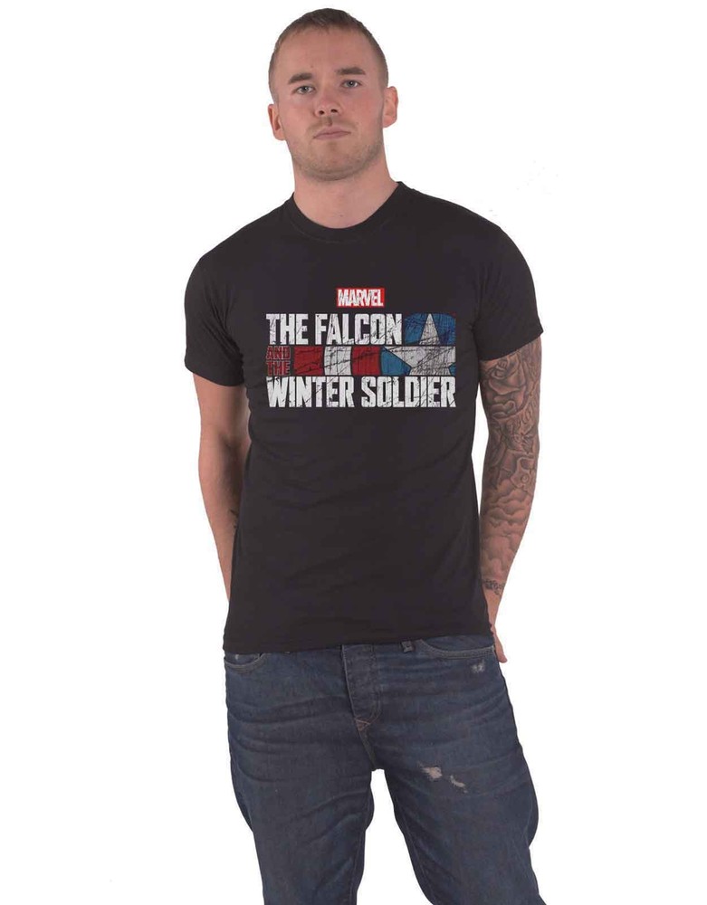 Official Marvel Comics Falcon & Winter Soldier Text Logo Mens Black T-Shirt
