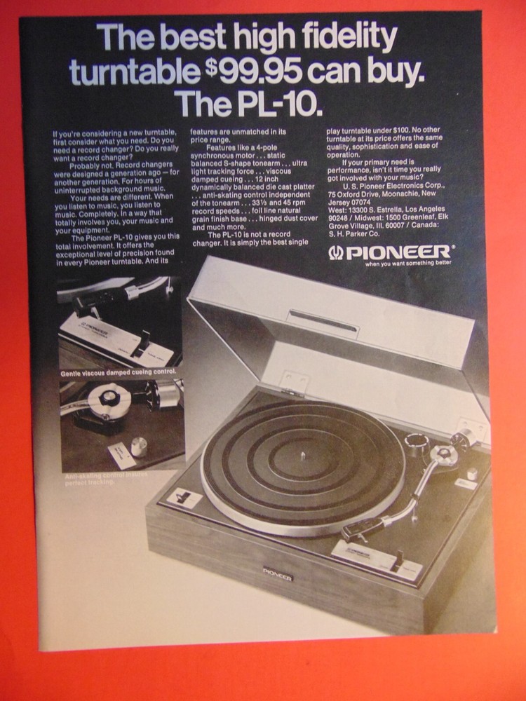 1974 Pioneer PL-10 Vintage Turntable Classic Print Ad Retro Audio