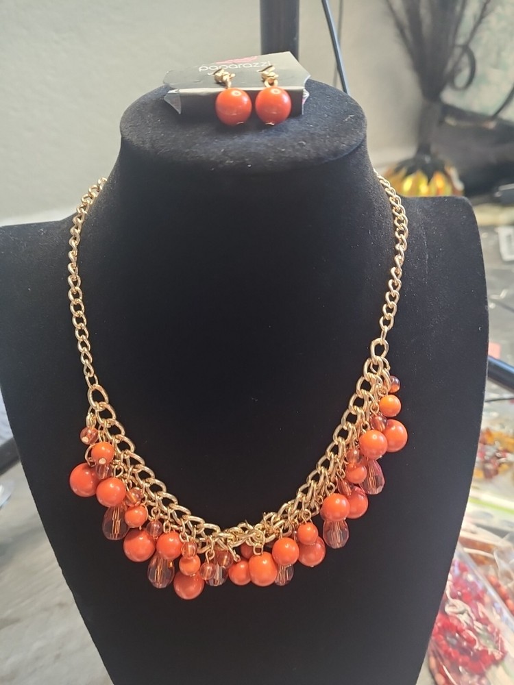 Chunky orange statement necklace and earring set by Paparazzi