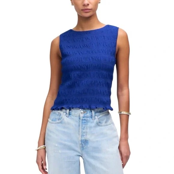 Madewell Women’s Sachi Smocked Boatneck Sapphire Blue Cotton Tank Top Size M NWT