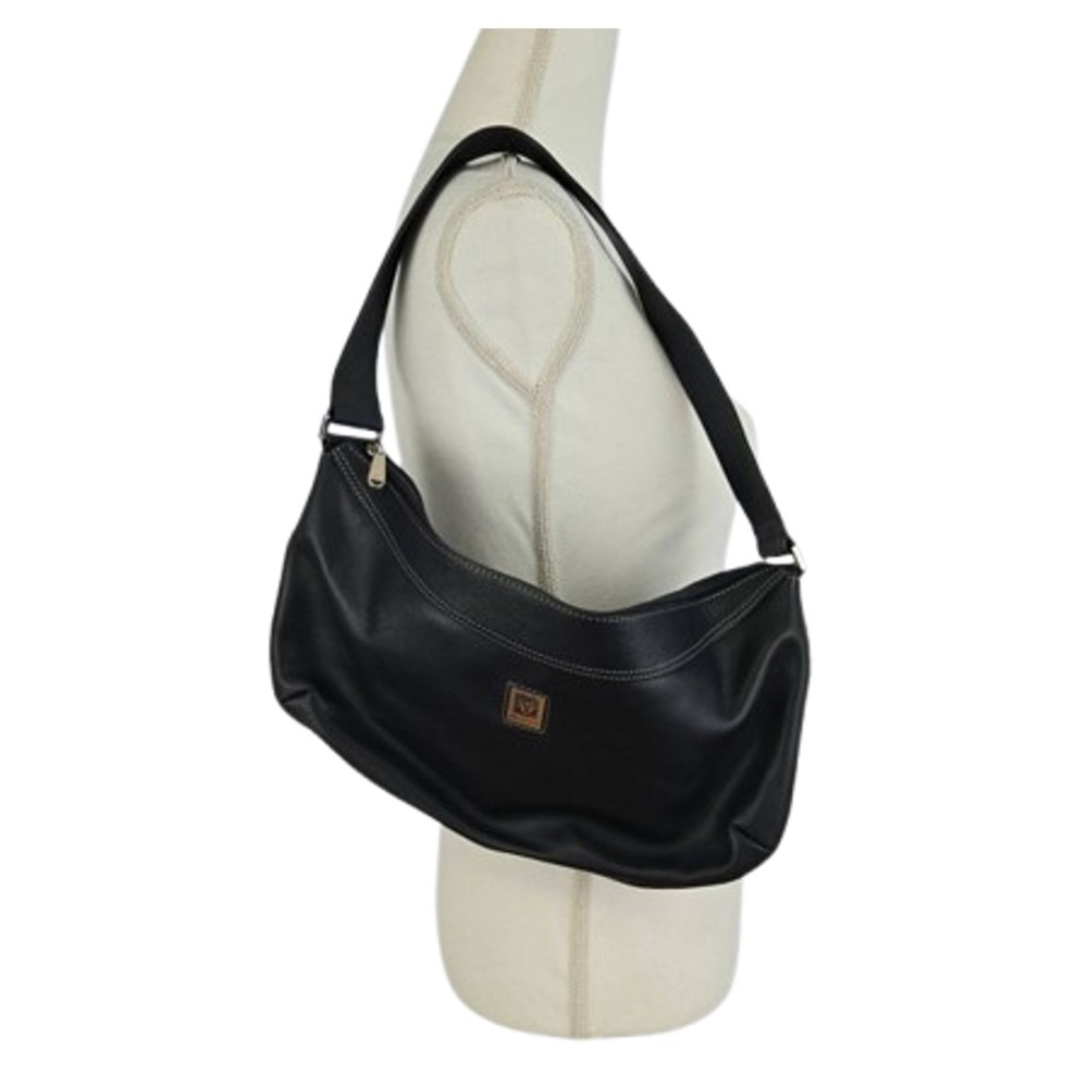 Anne Klein Dark Navy Blue Leather Shoulder Bag Silver Hardware Logo Hobo Purse