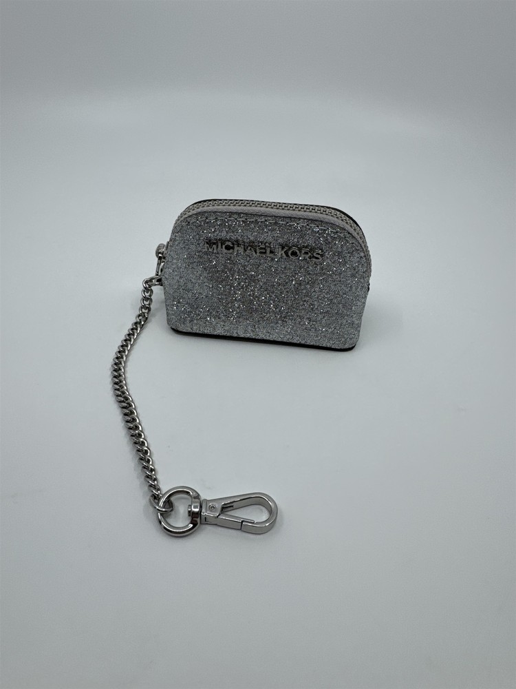 Michael Kors Silver Glitter Coin Pouch with Zip Keychain Holder