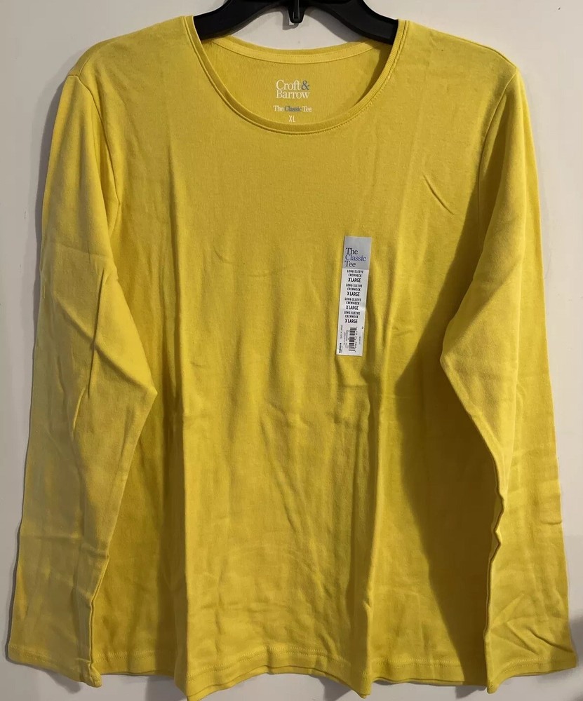 Croft Barrow Womens XL Yellow Long Sleeve Cotton Crewneck Pull-On Tee NWT! A2168