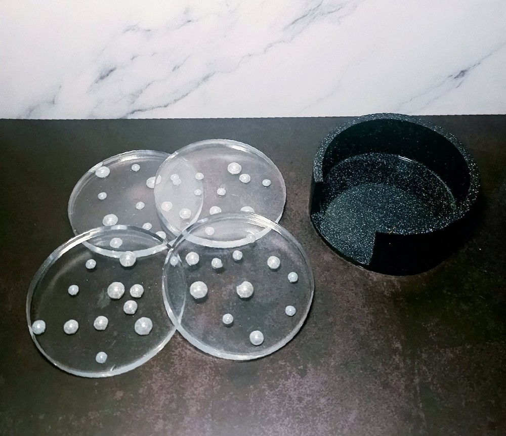 Handmade Epoxy Resin Coaster Set with Clear Pearl and Black Design