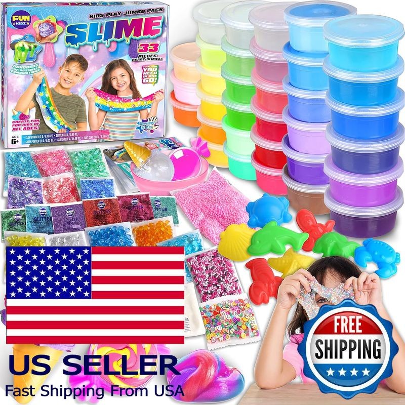 33-Piece Jumbo Slime Kit for Kids - DIY Soft Cloud Clear Glitter Glow Slime
