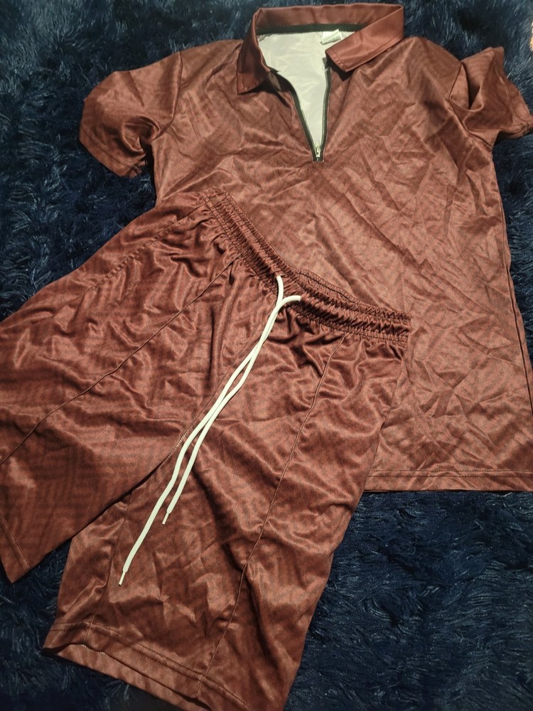 Brown Men's 2 Piece Collared Short Sleeve Shirt & Shorts Set, Drawstring Zip