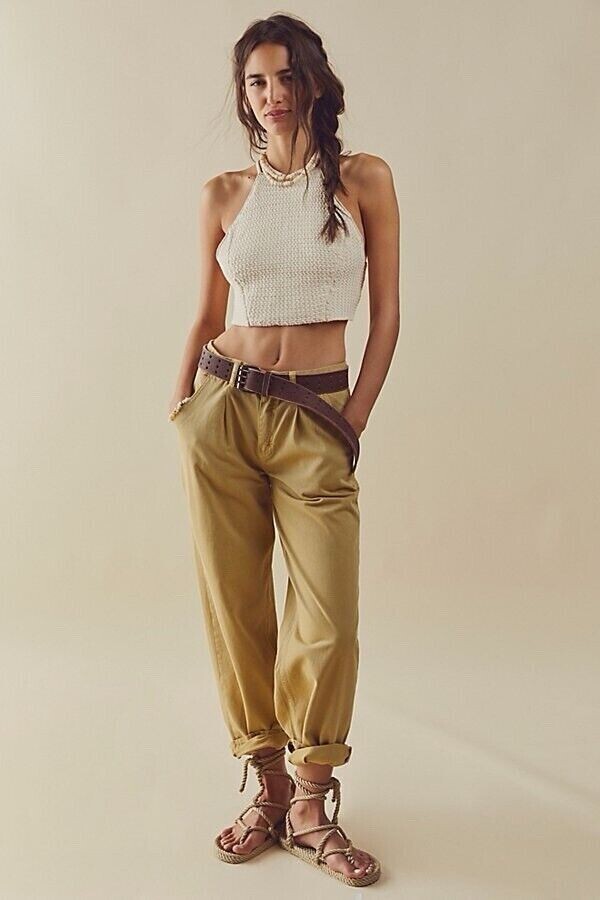 Free People Cya Later Skate Trouser Pants 12 Beige Boho Slouchy Baggy Straight