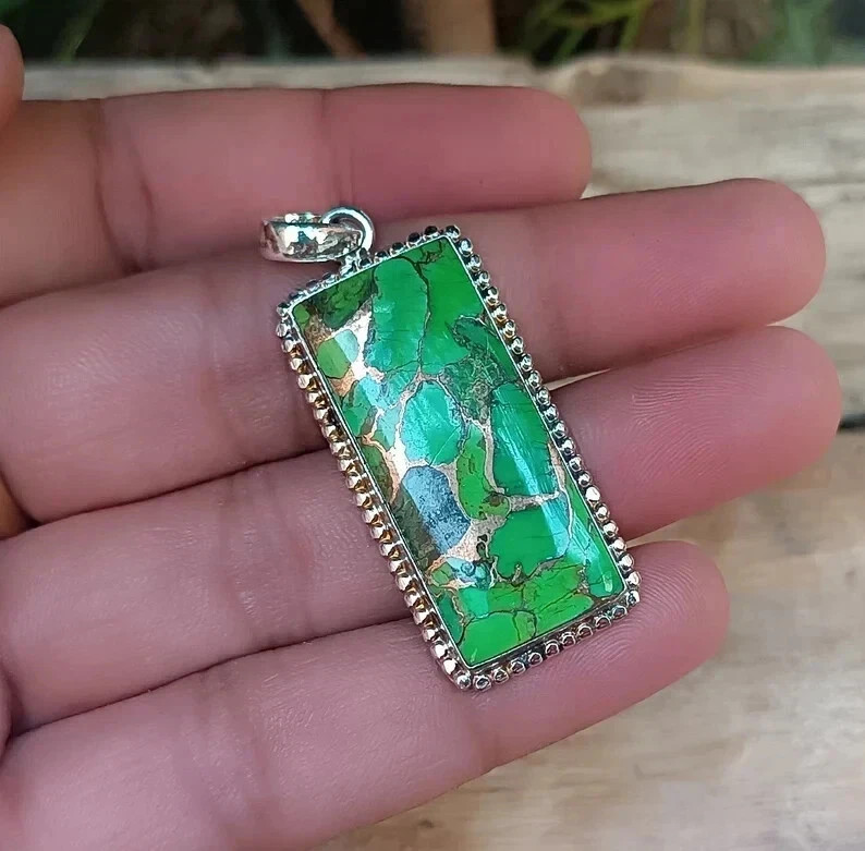 Green Copper Turquoise Gemstone Sterling Silver Handmade Pendant