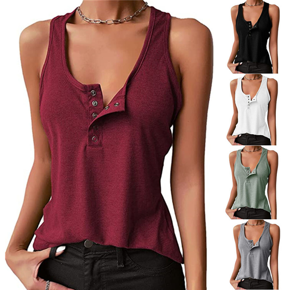 Women Summer Cotton Low-cut Vest Casual V Neck Buttons Camisole Tank Tops