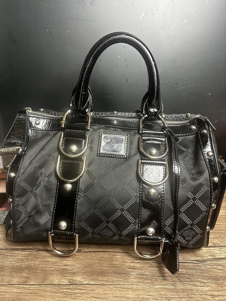 Versace Gianni Madonna Greek Key Medusa Boston Bowler Bag Black Monogram Leather