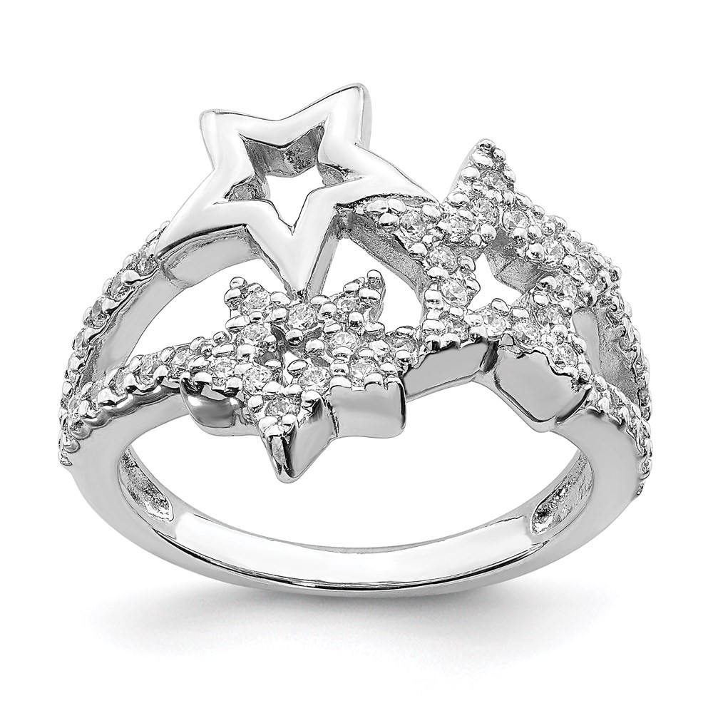 Sterling Silver Rhodium-plated Cubic Zirconia Triple Star Ring Size 8