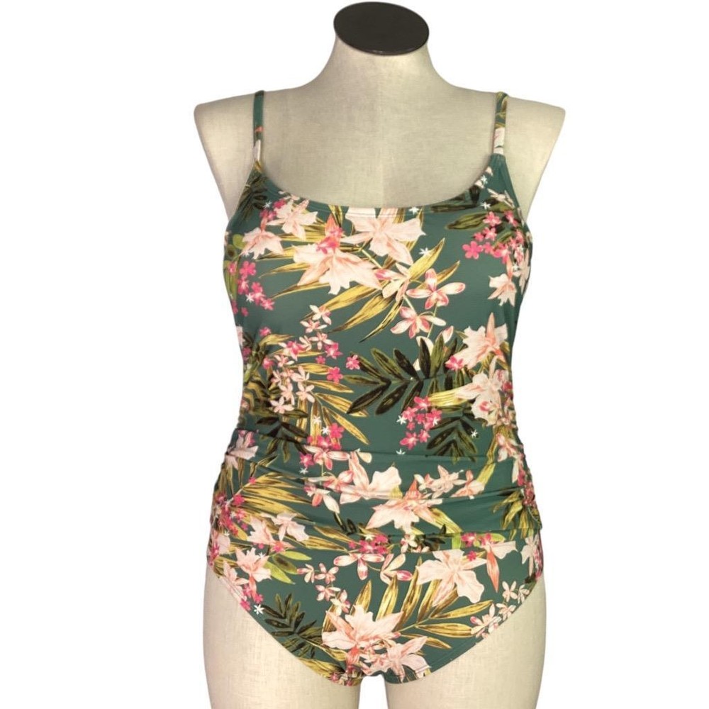 Kona Sol Swimsuit Womens L Green Floral Shirred Padded Bra Clip Back One Piece