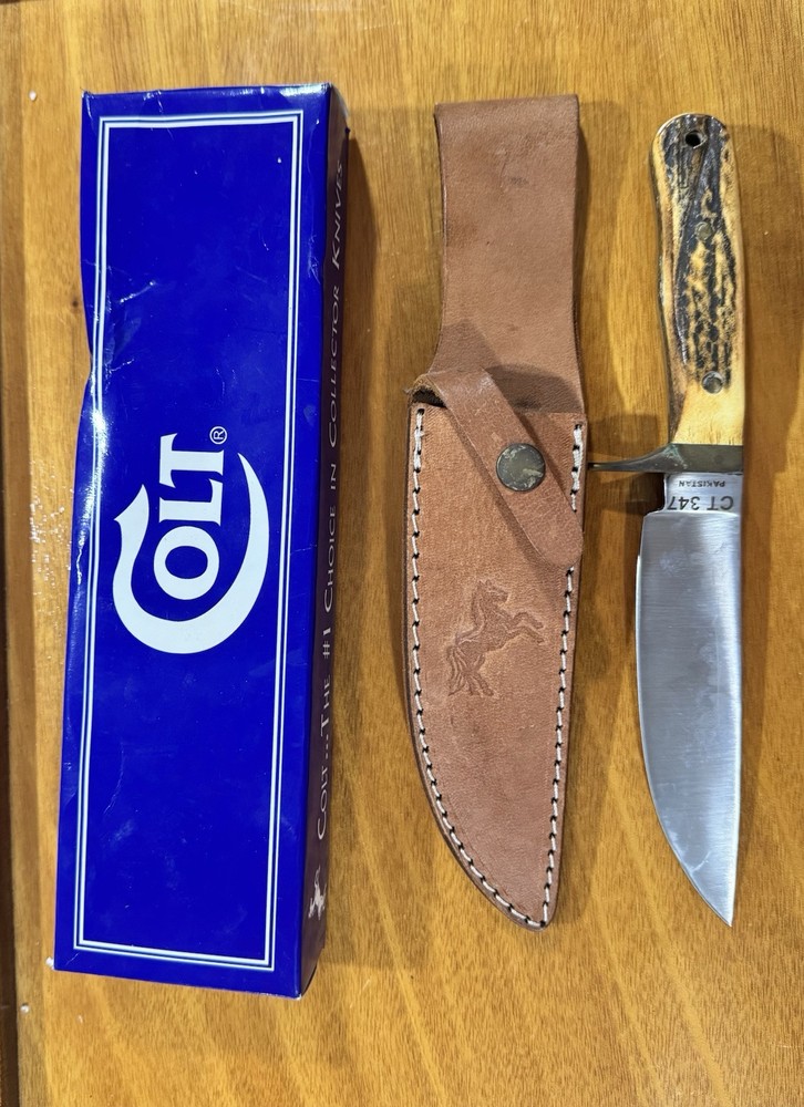 DISCONTINUED COLT CT347 Genuine Stag Antler Hunter Fixed Blade Knife-Sheath-Box
