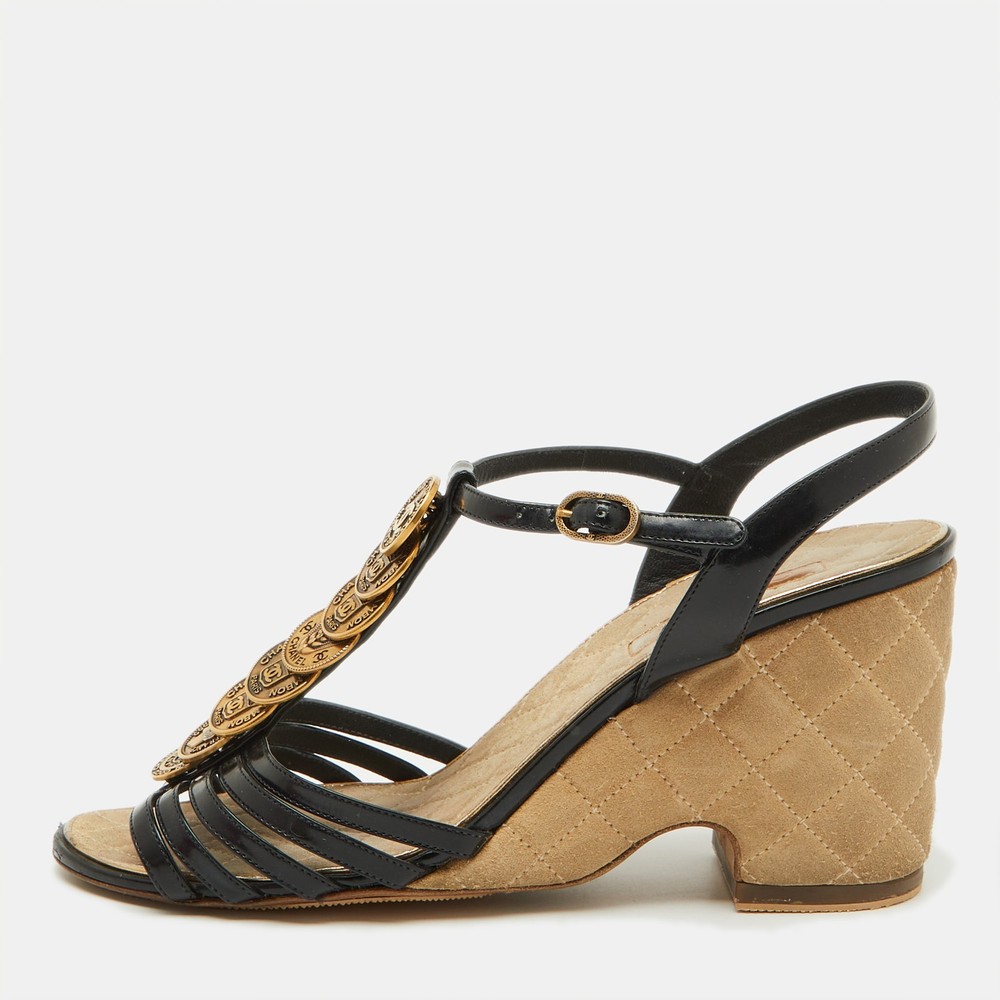 Chanel Black Patent Leather CC Logo T-Strap Wedge Sandals Size 39