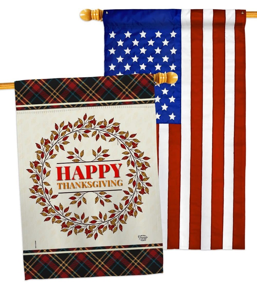 Thanksgiving Wreath House Flag - Pack Fall Turkey Give Thanks Gobble Pumpkin ...