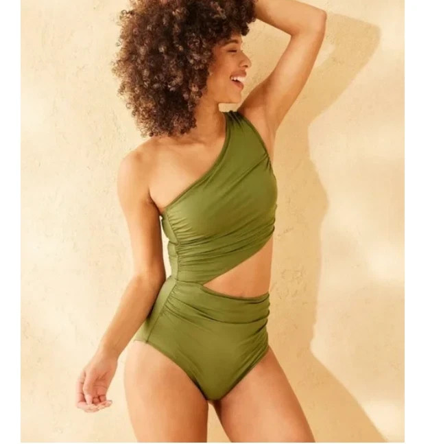Women's Shirred Cut Out One Shoulder Medium Coverage One Piece Swimsuit - M